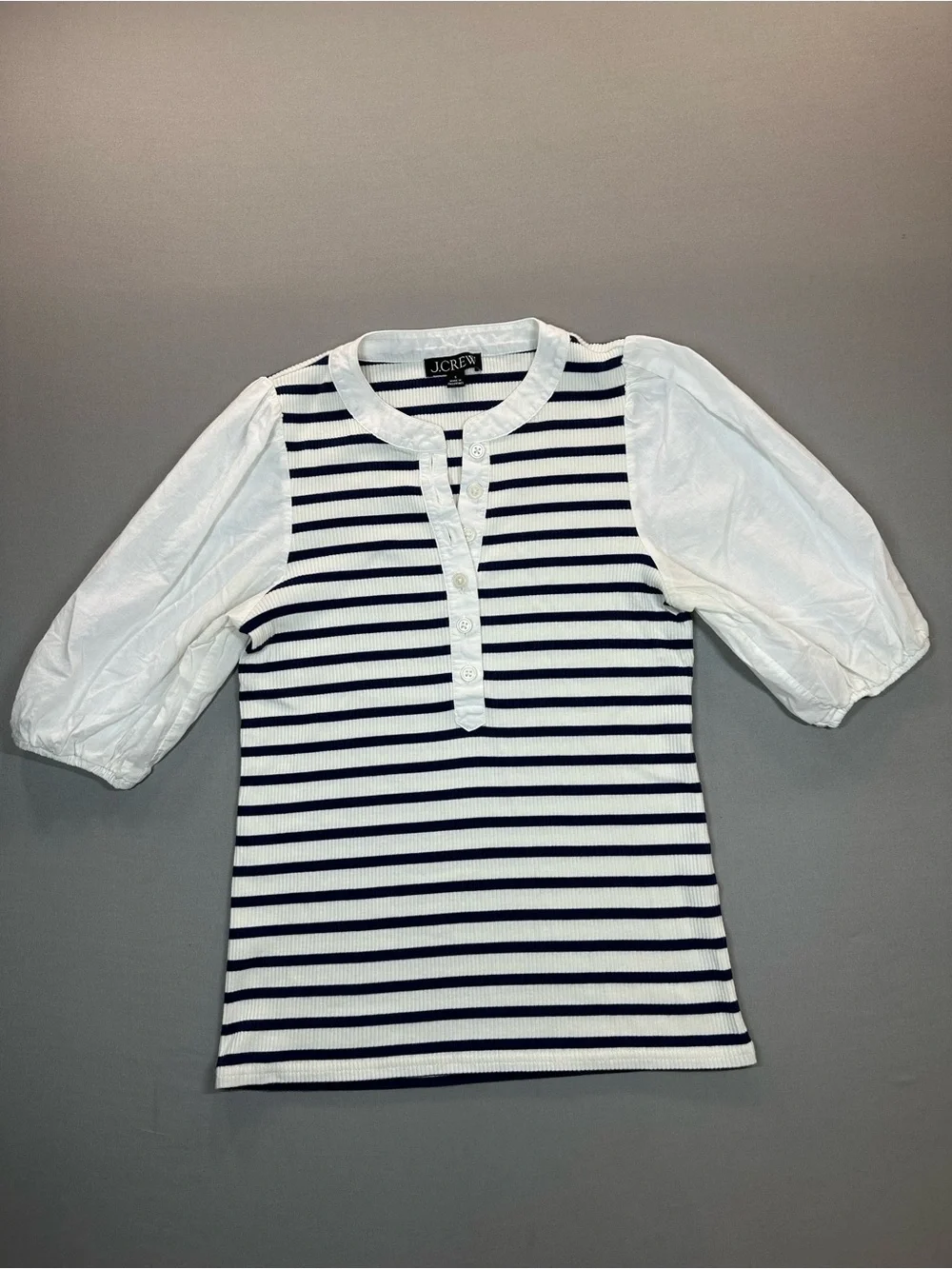 J. Crew Vintage Rib Puff-Sleeve Henley, Navy/White Stripes - Womens Small
